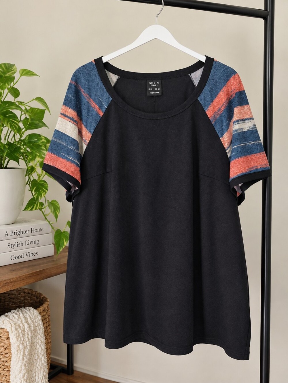 SHEIN Black Raglan Tee with Blue, Orange and Cream Striped Sleeves